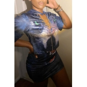 Lovely Trendy Print Blue Two-piece Skirt Set