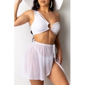 Lovely One Shoulder White Two-piece Swimsuit(Three