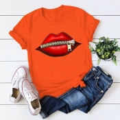 Lovely Casual O Neck Lip Print Orange T-shirt