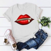 LW COTTON Casual O Neck Lip Print White T-shirt