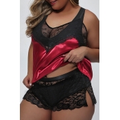 Lovely Sexy Patchwork Wine Red Plus Size Sleepwear