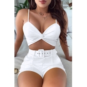 Lovely Trendy Knot Design White Two-piece Shorts S