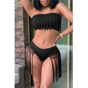 Lovely Tassel Design Black Two-piece Swimsuit