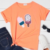 Lovely Casual O Neck Cartoon Print Orange T-shirt