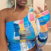 LW Trendy One Shoulder Tie-dye Blue T-shirt