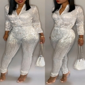 Lovely Stylish Sequined Silver Plus Size One-piece