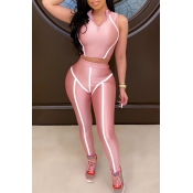 Lovely Sportswear Patchwork Pink Two-piece Pants S