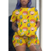 Lovely Casual Cartoon Print Yellow Two-piece Short