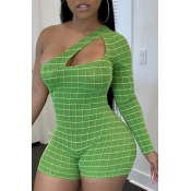 Lovely Trendy One Shoulder Grid Green One-piece Ro