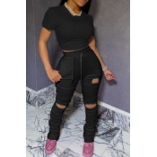 Lovely Casual Hollow-out Black Two-piece Pants Set
