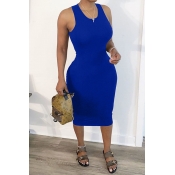 LW Leisure Hollow-out Blue Mid Calf Dress