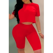 Lovely Leisure Basic Red Two-piece Shorts Set