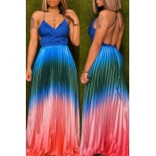 Lovely Sexy Backless Multicolor Maxi Dress