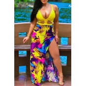LW Plus Size Trendy Deep V Neck Print Yellow Maxi 