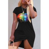 LW Leisure O Neck Lip Print Black Mini Dress
