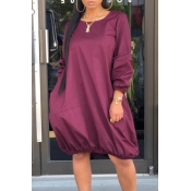 Lovely Casual O Neck Loose Purple Knee Length Dres
