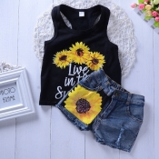 Lovely Casual Print Black Girl Two-piece Shorts Se