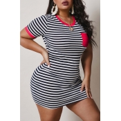 LW Plus Size Casual O Neck Striped Black Mini Dres