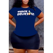 Lovely Casual Letter Print Blue Plus Size T-shirt