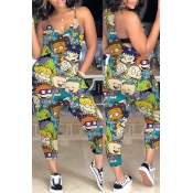 LW Trendy Cartoon Print Blue One-piece Jumpsuit