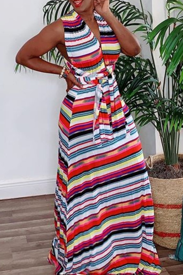 

Lovely Stylish V Neck Striped Red Maxi Dress