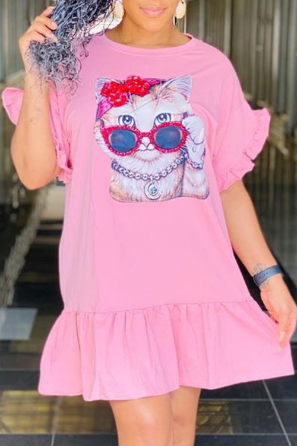 

Lovely Casual Print Pink Knee Length Dress
