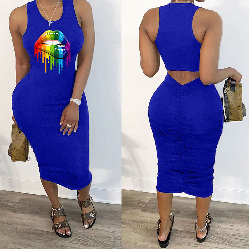 

Lovely Leisure Lip Print Blue Mid Calf Dress