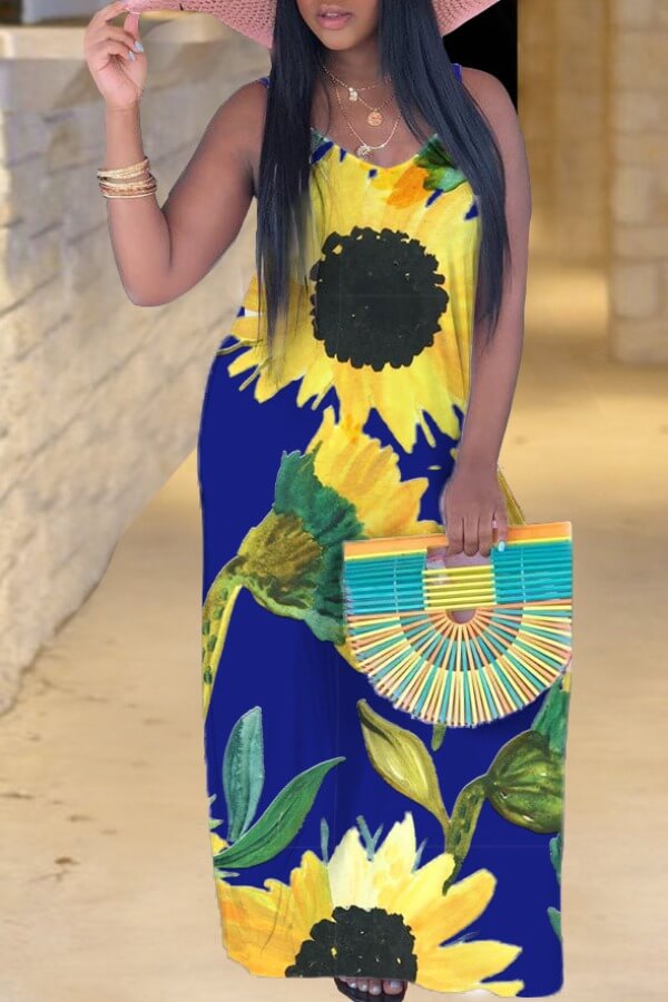 

Lovely Bohemian V Neck Sunflower Print Blue Maxi Dress