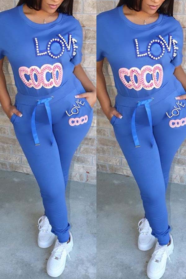 

Lovely Casual Letter Print Blue Two-piece Pants Set