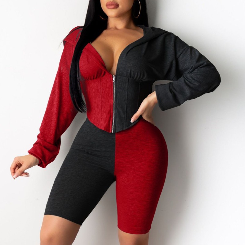 

Lovely Casual V Neck Patchwork Red Two-piece Shorts Set