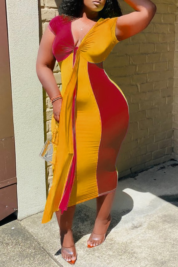 

Lovely Trendy V Neck Patchwork Yellow Mid Calf Dress