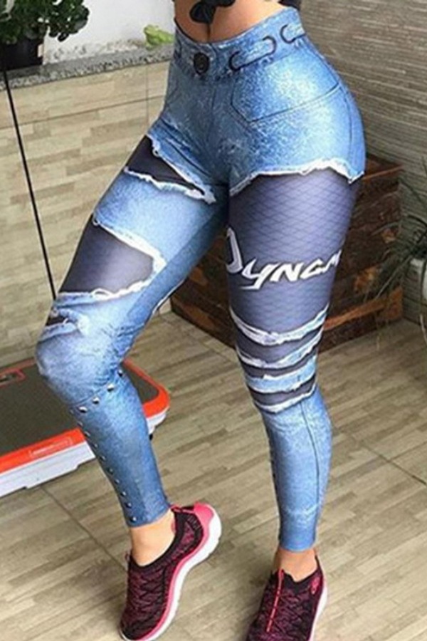 

Lovely Sportswear Patchwork Blue Plus Size Pants