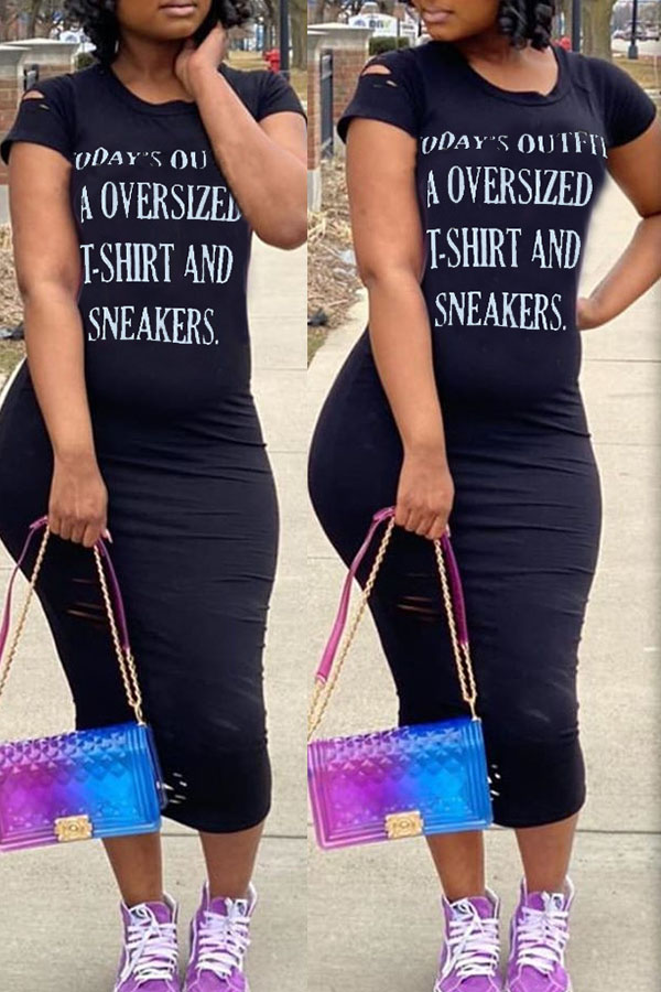 

Lovely Leisure O Neck Letter Print Black Mid Calf Dress
