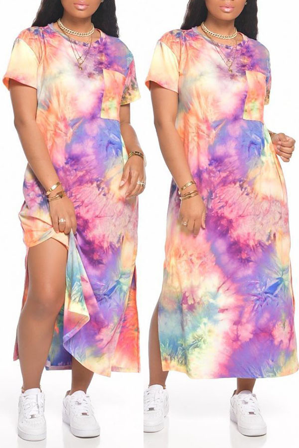 

Lovely Casual O Neck Tie-dye Multicolor Ankle Length Dress, Multi