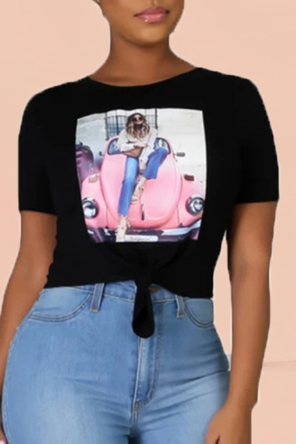 

Lovely Leisure O Neck Print Black T-shirt