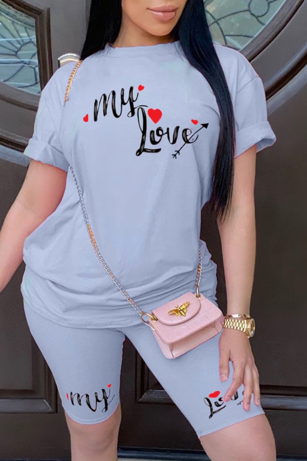 

Lovely Leisure Letter Print Baby Blue Two-piece Shorts Set