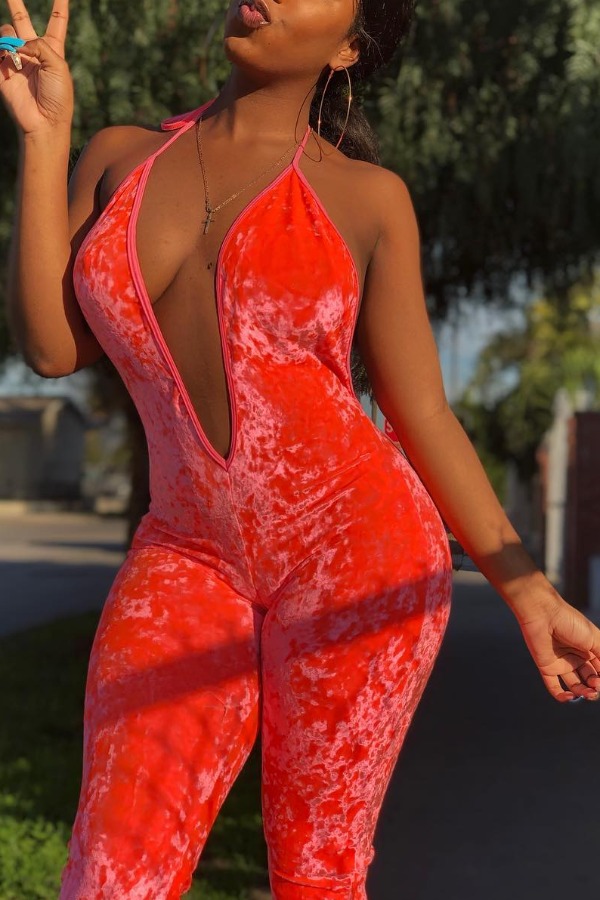 

Lovely Trendy Deep V Neck Print Jacinth One-piece Jumpsuit
