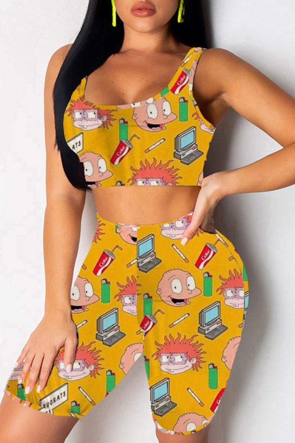 

Lovely Casual Cartoon Print Yellow Two-piece Shorts Set