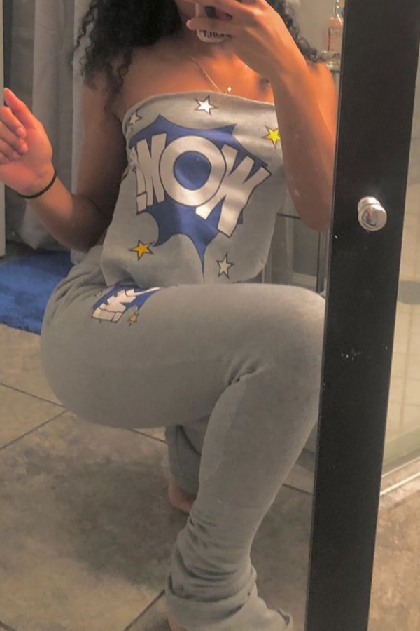 

Lovely Casual Dew Shoulder Letter Print Grey Two-piece Pants Set