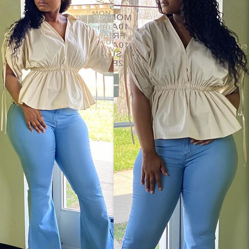 

Lovely Casual V Neck Fold Design White Blouse