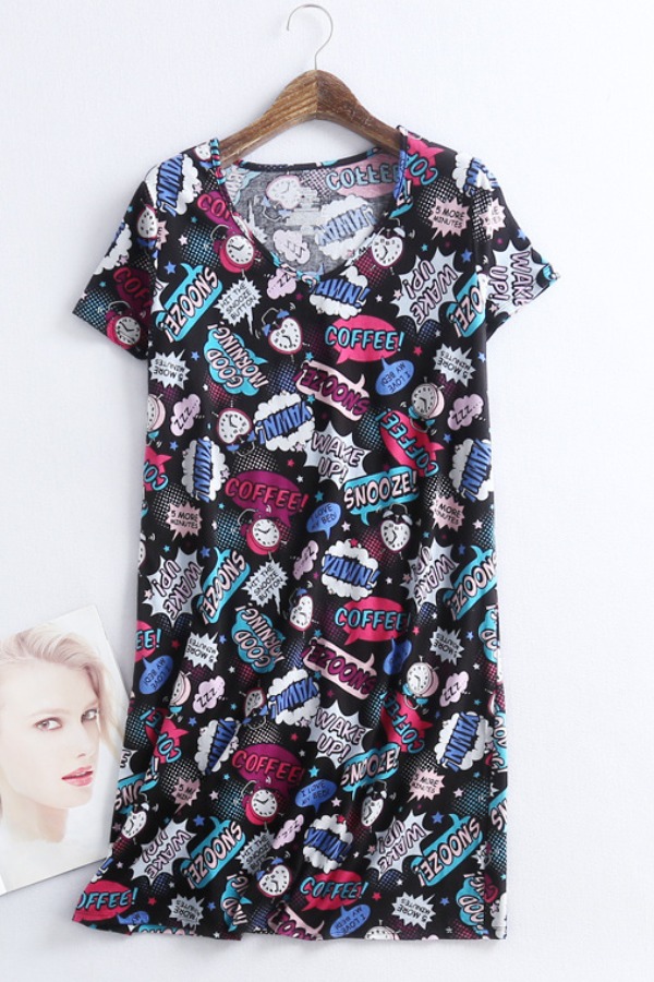

Lovely Casual O Neck Letter Print Multicolor Sleepwear, Multi