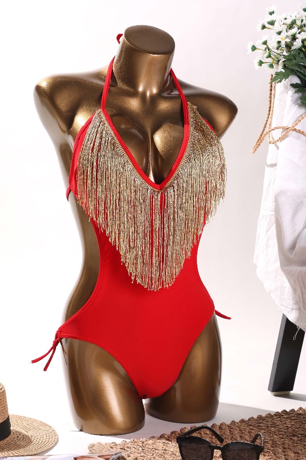 

Lovely Tassel Design Red One-piece Swimsuit