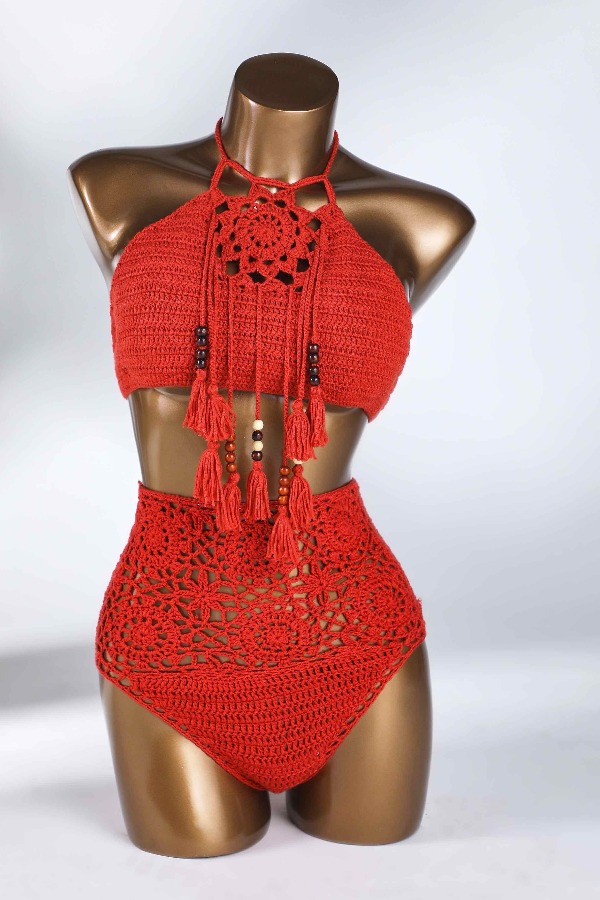 

Lovely Tassel Design Red Two-piece Swimsuit