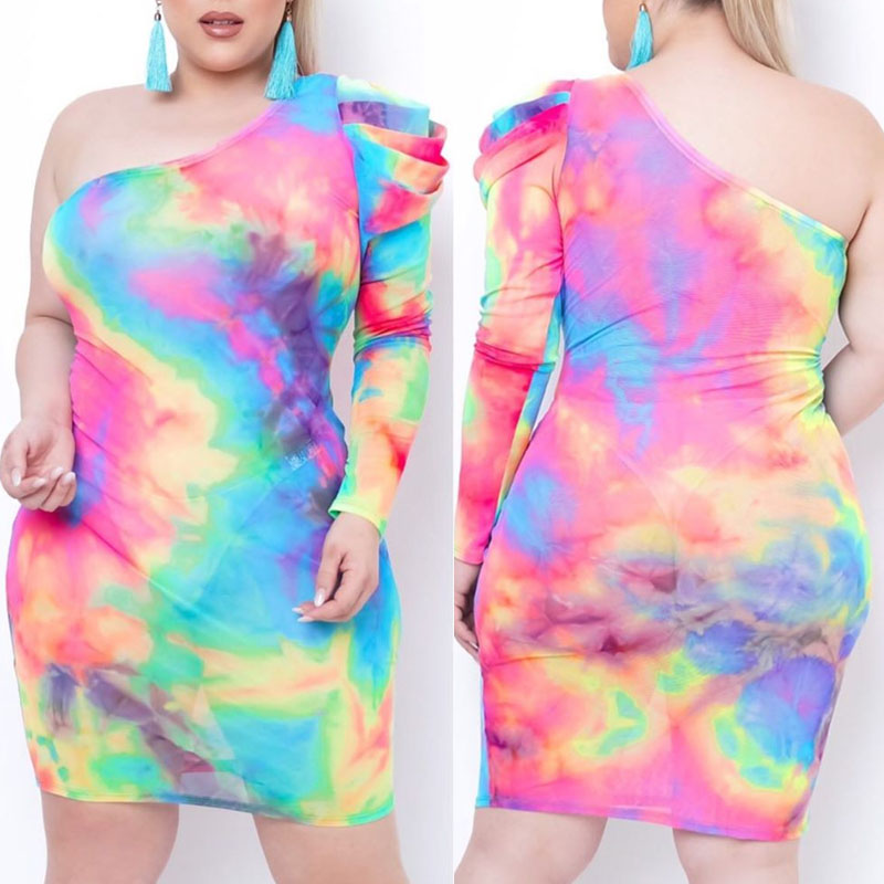 

Lovely Trendy One Shoulder Tie-dye Multicolor Mini Plus Size Dress, Multi
