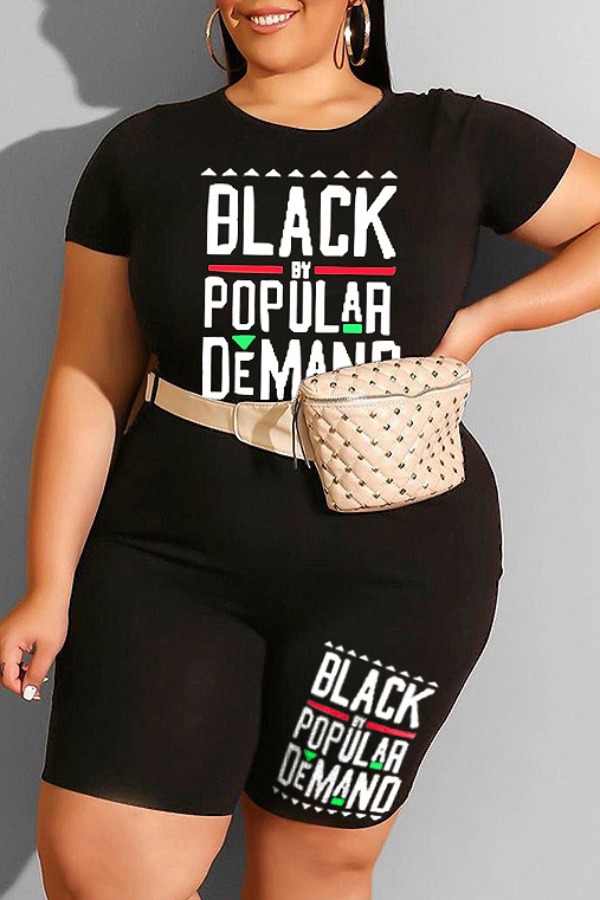 

Lovely Casual Letter Print Black Plus Size Two-piece Shorts Set