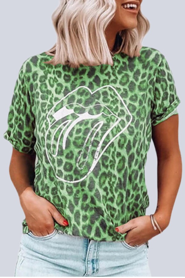 

Lovely Casual O Neck Print Green Plus Size T-shirt
