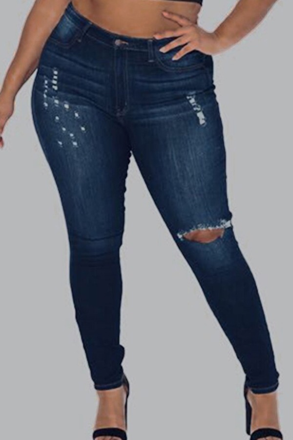 

Lovely Stylish Hollow-out Navy Blue Plus Size Jeans
