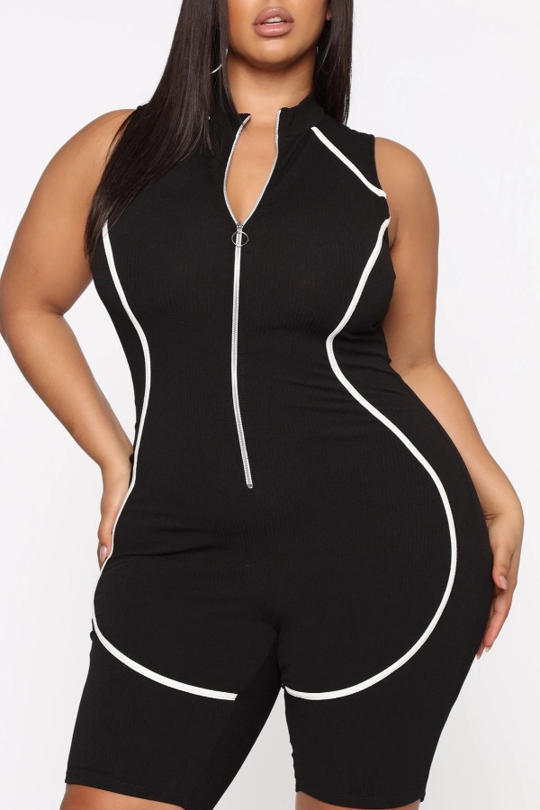 

Lovely Sportswear Zipper Design Black Plus Size One-piece Jumpsuit