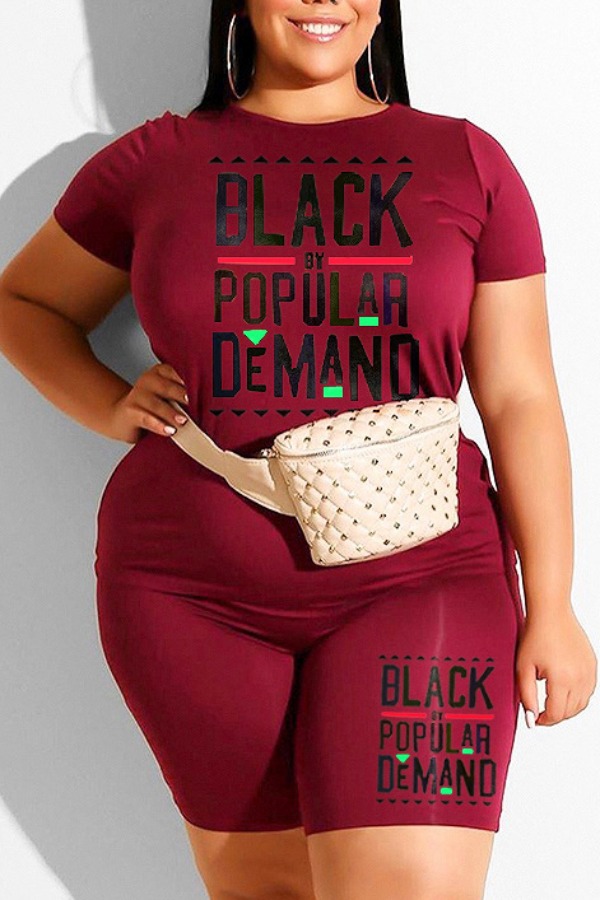

Lovely Casual Letter Print Wine Red Plus Size Two-piece Shorts Set