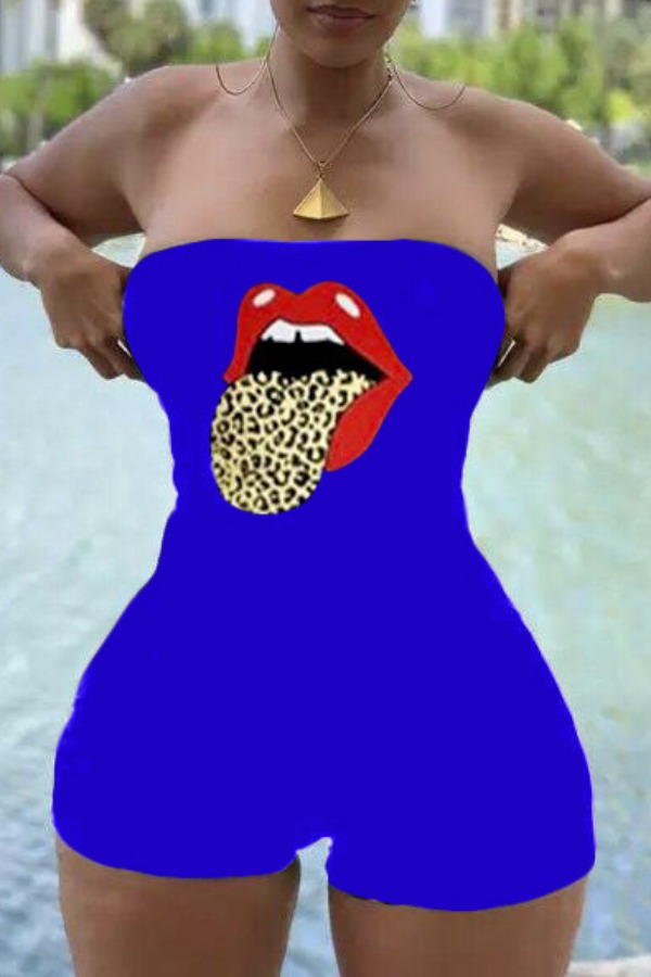 

Lovely Leisure Lip Print Blue Plus Size One-piece Romper